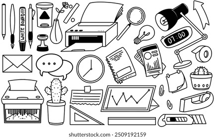 Business doodle drawing set. Vector illustration of work stationary objects. Black and white hand drawn creative, planning, and communication concept.