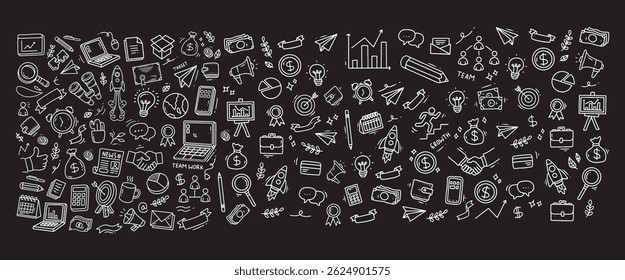 Business doodle elements. Vector illustration in line with black background