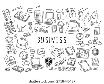 Elementos de doodle de negocios. Ilustración vectorial en línea