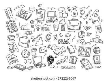 Elementos de doodle de negocios. Ilustración vectorial en línea