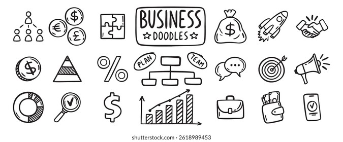 business doodle hand drawn icon set. Outline drawing business line clipart symbol collection. Vector illustration