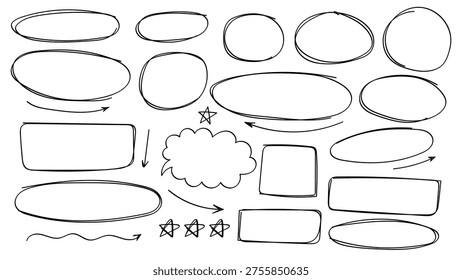 Business Doodle Hand Drawn Set with Light Bulb Chat Bubble Arrows Notes Scribble and Pros Cons Elements. Vector Illustration