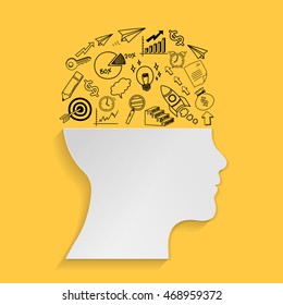 Business doodle with human head for creative ideas of marketing and business, Vector illustration