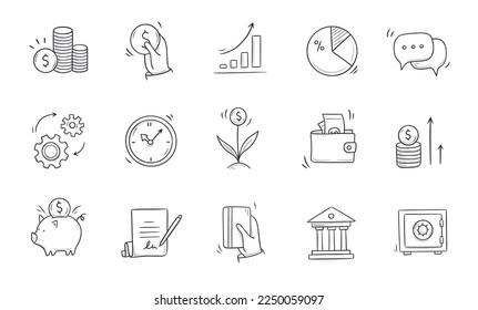 Business doodle icon. Finance, money, investment hand drawn sketch style icon. Money, coin, financial symbol comic doodle drawn collection. Vector illustration