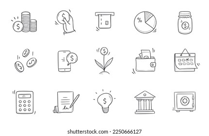 Business doodle icon. Finance, money, investment hand drawn sketch style icon. Money, coin, financial symbol comic doodle drawn collection. Vector illustration