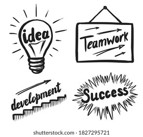 Business Doodle Icon. Idea, Teamwork, Success, Development Lettering Business Doodle Icon Isolated. Hand Drawn Lettering With Light Bulb, Signboard Picture, Stairs, Explosion Cloud Vector Illustration