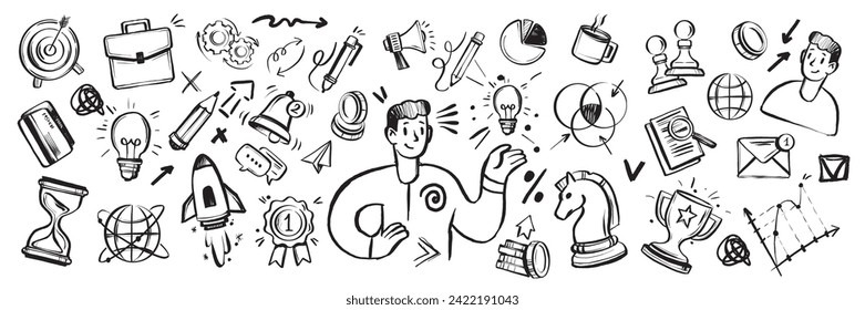 Juego de iconos de doodle de negocios, esbozo de vector de financiación a mano, cliente de dinero de inicio de línea de tinta. Dibujo de proyecto de presentación creativa, caricatura lindo signo de estrategia, gráfico de logros. Kit de doodle para empresas