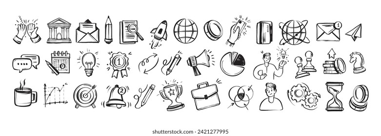 Business doodle icon set, vector hand drawn finance sketch, ink line startup money clipart. Creative presentation project scribble, cartoon cute strategy sign, achievement chart. Business doodle kit