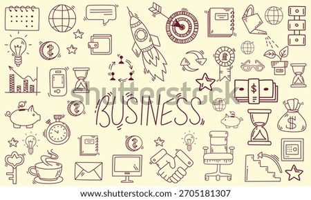 Business doodle icon set, vector hand drawn finance sketch, ink line startup money clipart. Creative presentation project scribble, cartoon cute strategy sign, achievement chart. Business doodle kit