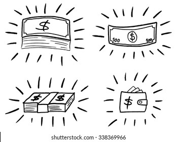 Business doodle illustration - sketchy style money icons. Banknotes and wallet.
