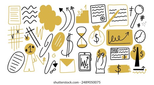 Business doodle set. Set of elements for company, social media, startups projects. Arrow, dollar, money tree, tax form. Vector illustration. 