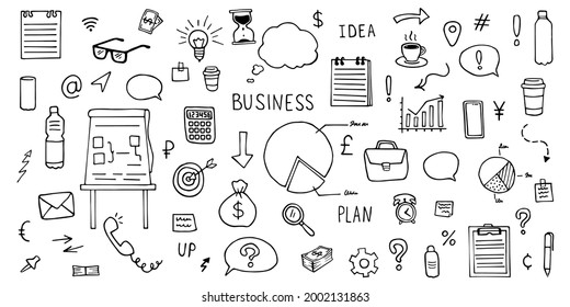 Business doodle set. Hand drawn vector infographics icons - office, finance, strategy