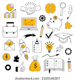 Business doodle set. Hand drawn linear icons. Management, office, success, idea, brainstorm concept.