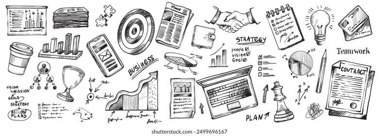 Conjunto de doodle de negocios, bosquejo gráfico de estrategia de trabajo en equipo de finanzas de Vector, diagrama de garabato dibujado a mano. Planificación mental de lluvia de ideas, comunicación en equipo, estadísticas monetarias, signo de ideas. Infografía de doodle de negocios