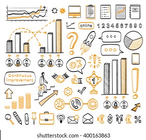 Business doodle set. Vector hand drawn sketch icons in black and orange colors.  Isolated on white background. Infographics.