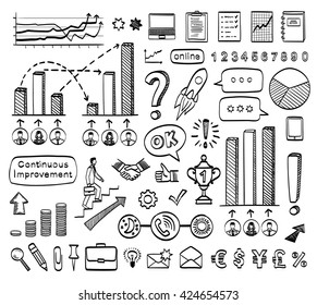 Business doodle set. Vector hand drawn sketch icons. Isolated on white background. Infographics.