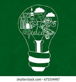 Business doodle Sketch background. Vector doodle hand drawn illustration on green blackboard.