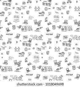 Business doodle sketch seamless pattern. Blackboard background. It include graphs, stats, devices, concepts, diagrams, business plan, strategy. Vector doodle hand drawn illustration.