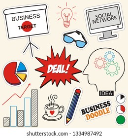 Business doodle sketch set: 
info graphics  elements isolated, vector shapes. It include lots of icons included graphs, stats, devices,chart, concepts, strategy.