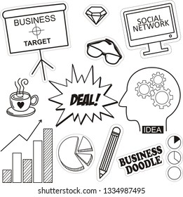 Business doodle sketch set: 
info graphics  elements isolated, vector shapes. It include lots of icons included graphs, stats, devices,chart, concepts, strategy.