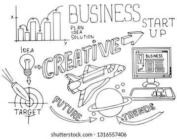 Business doodle sketch set: infographics elements isolated, vector shapes. It include lots of icons included graphs, stats, devices, chart, concepts, strategy. Vector hand drawn blueprint illustration