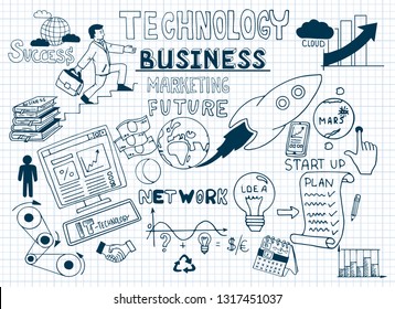 Business doodle sketch set: infographics elements isolated, vector shapes. It include lots of icons included graphs, stats, devices, chart, concepts, strategy. Vector hand drawn blueprint illustration