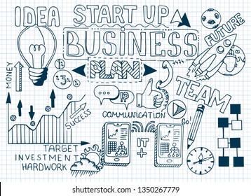 Business doodle sketch set: infographics elements isolated, vector shapes. It include lots of icons included graphs, stats, devices, chart, concepts, strategy. Vector hand drawn blueprint illustration