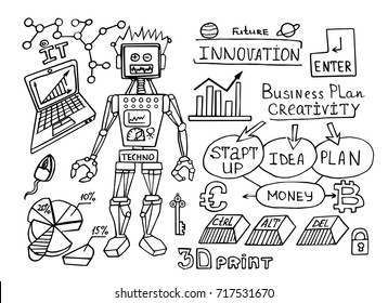 Business doodle Sketch set : infographics elements isolated, vector shapes. It include lots of icons included graphs, stats, devices, concepts, robot, hi tech, web. Vector hand drawn illustration.