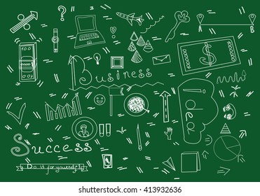 Business Doodle Stuff Vector Illustration.   Business Symbols Silhouette Isolated On Green Background. Vector objects for Presentation, Typographical Elements.