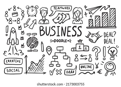Business doodle vector set. Simple sketch outline marketing icons. Drawing element silhouette. Vector illustration