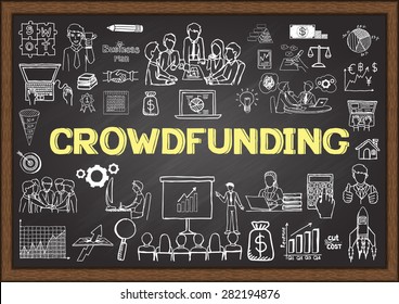 Business doodles about crowdfunding on chalkboard.