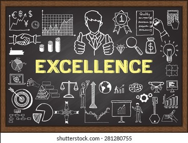 Business doodles about excellence on chalkboard.