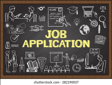 Business doodles about job application on chalkboard.