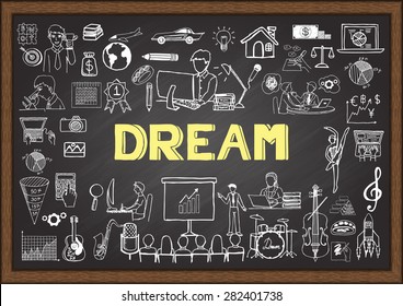 Business doodles about people dreams on chalkboard.