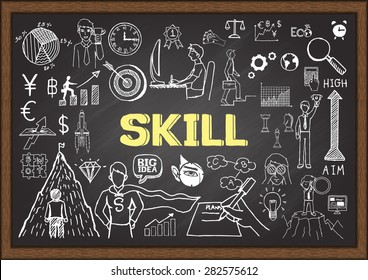 Business doodles about skill on chalkboard.