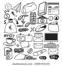 Business Doodles Collection. Hand drawn black and white objects featuring currency signs, office items, and financial symbols.