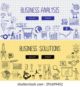 Business doodles with the concept of business analysis and solutions for web banner and printed materials.