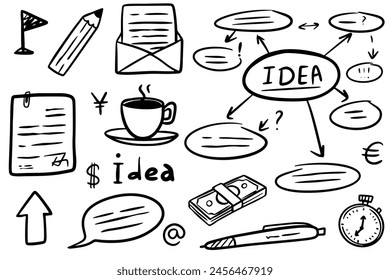 Business doodles hand drawn icons. Management infographic concept with financial business career development elements. Vector illustration EPS10