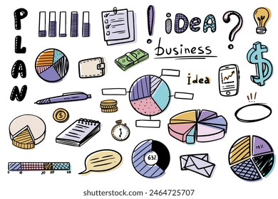 Business doodles hand drawn icons. Management infographic concept with financial business career development elements. Vector illustration EPS10