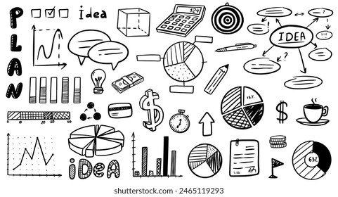 Iconos dibujados a mano de garabatos de negocios. Concepto de infografía de gestión con Elementos de desarrollo profesional de negocios financieros. Ilustración vectorial EPS10