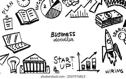 Business doodles hand drawn icons. Management concept. Vector clipart illustration. Line and Ink sketch. Vintage style. 
