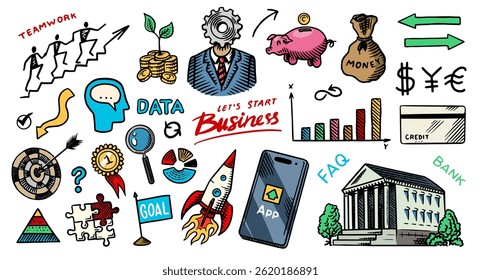 Business doodles hand drawn icons. Management concept. Vector clipart illustration. Line and Ink sketch. Vintage style. 