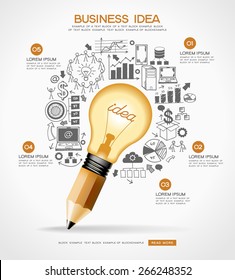 Business doodles icons set. Concept of productive business ideas. Lightbulb with business icon and pencil. File is saved in AI10 EPS version. This illustration contains a transparency  