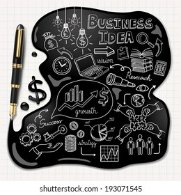 Business doodles icons set. Ink shaped people head on paper. Vector illustration. 