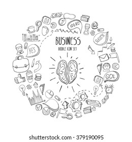 Business doodles icons set. Sketch icons isolated on white. Hand drawn bussines elements