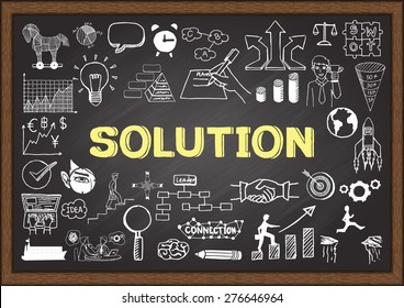 Business doodles on chalkboard with solution concept.