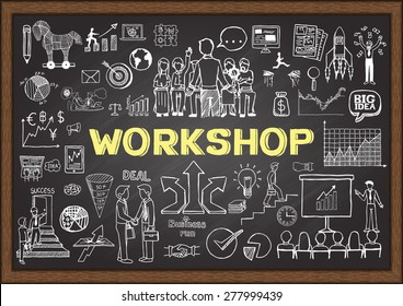 Business Doodles On Chalkboard With Workshop Concept. Hand Drawn Business Plan On Chalkboard.