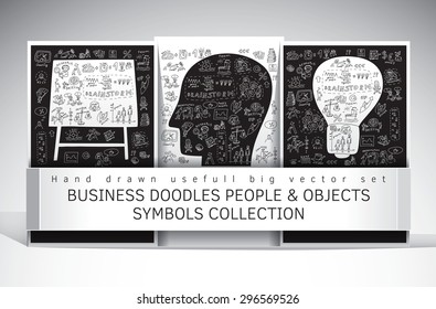 Business doodles people and objects symbols set. Big set with hand drawn business icons. Black and white vector illustration.
