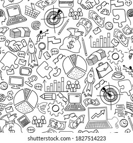 Business doodles seamless pattern. Hand drawn symbols on white background. Vector illustration.