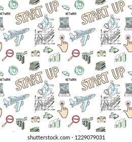 Business doodles sketch seamless pattern. Blackboard background. It include graphs, stats, aircraft, business plan, graphs and charts, start up, strategy. Vector doodle hand drawn illustration.